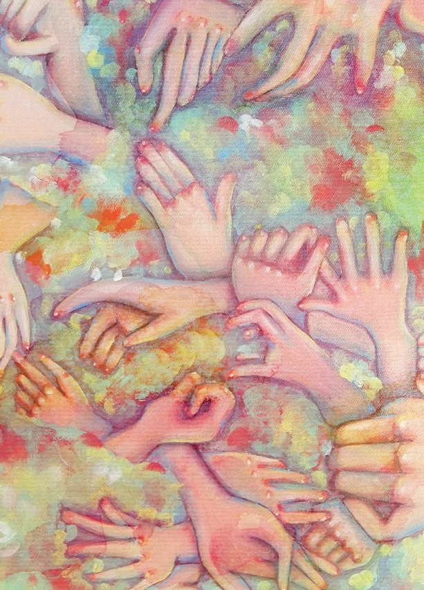 The illustrations are composed of hands, showing that fragile animals are trapped and wrapped by painted hands.