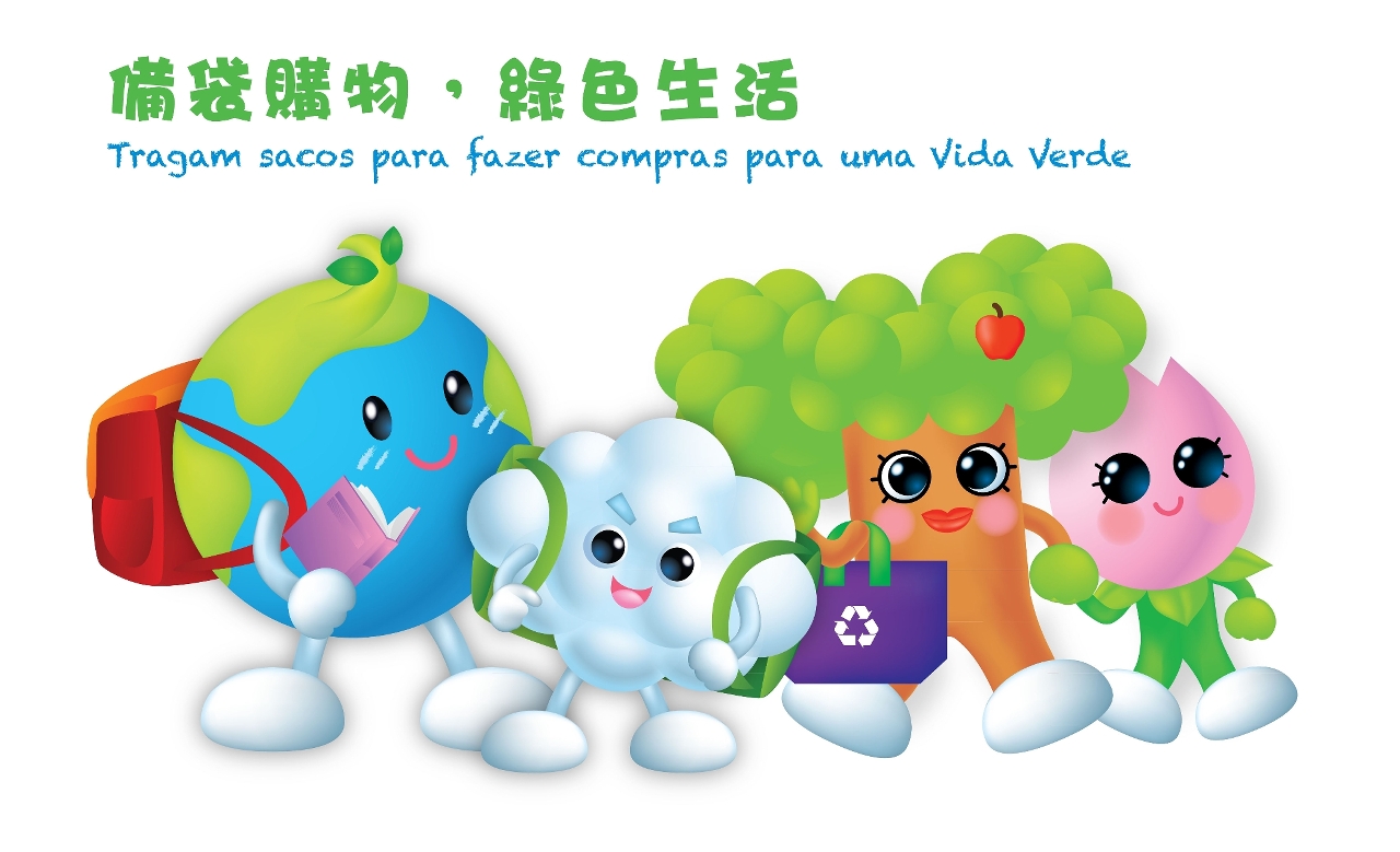 As mascotes da DSPA promovem o uso de sacos ecológicos na aquisição de livros