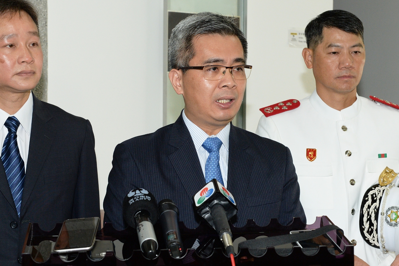 Secretary for Security, Mr Wong Sio Chak, meets the press.