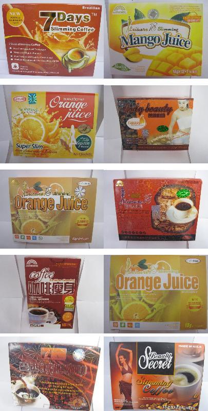 瘦身咖啡、七天享瘦、巴西減肥咖啡、Beauty Secret Slimming Coffee、美体咖啡、Leisure 18 Slimming Mango Juice、Leisure 18 Slimming Orange Juice、Authentic Leisure 18 Slimming Orange Juice、Super Slim Orange Juice及咖啡瘦身