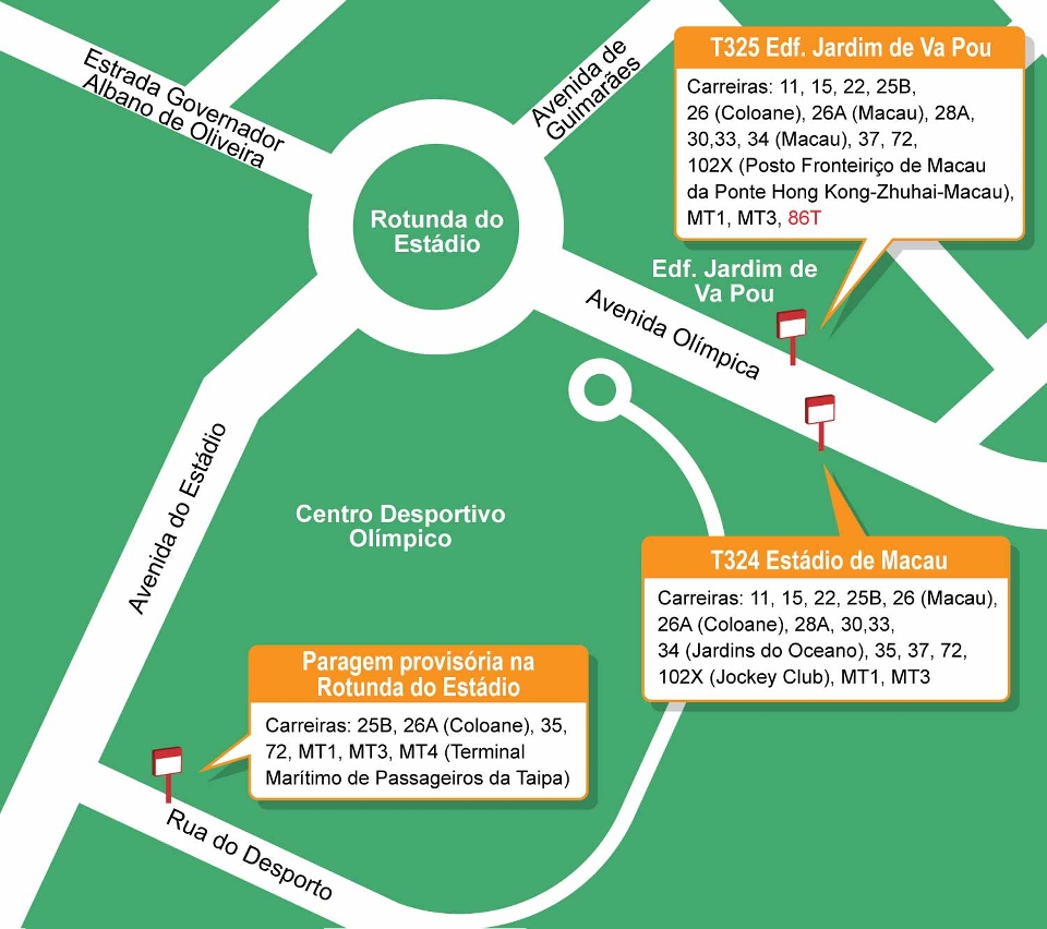 mapa de paragens na área junto ao estádio de macau