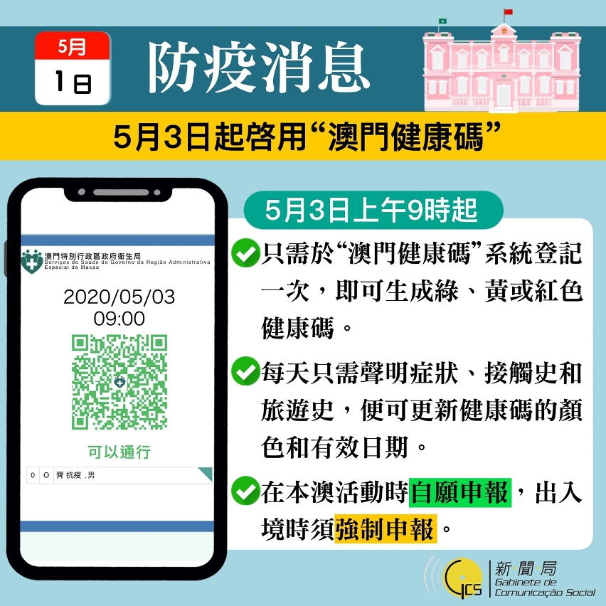 5月3日起啟用“澳門健康碼”