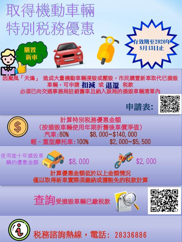取得機動車輛特別稅務優惠有效期至8月13日止