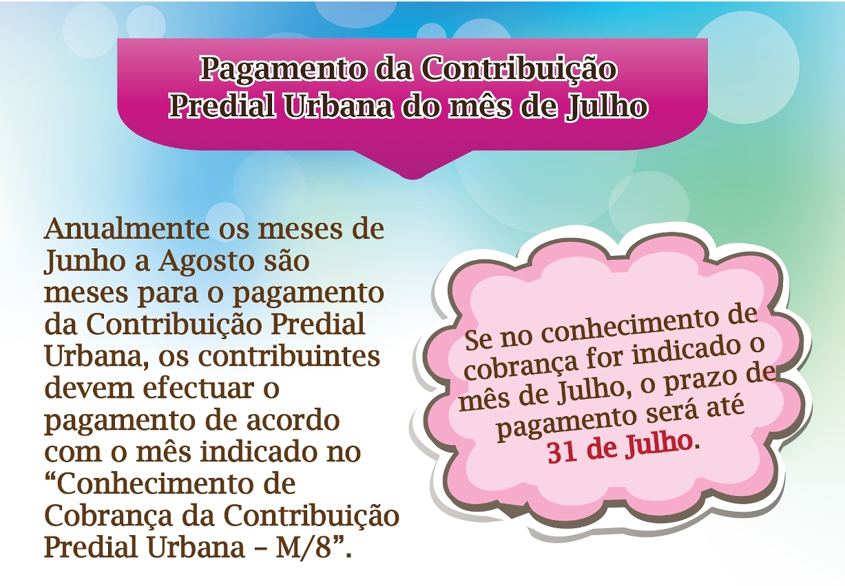 Pagamento da Contribuição Predial Urbana do mês de Julho