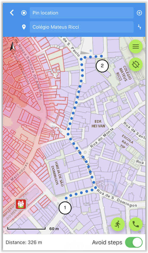 Adding the function of walking route planning to the nearest Emergency Refuge Center in advance, and users may choose to show the “avoid steps” route.
