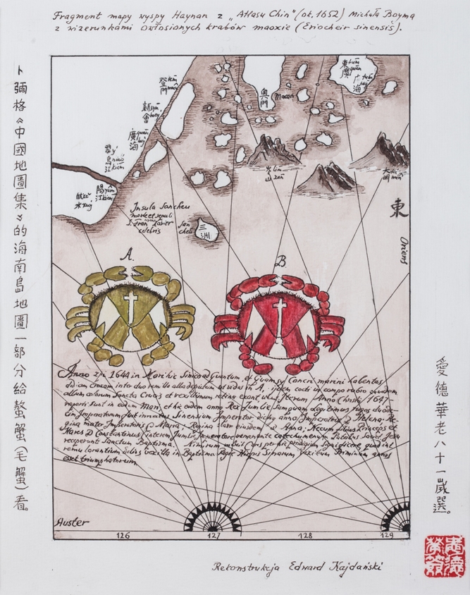 Caranguejo Peludo Chinês e Mapa Parcial da Ilha de Hainão