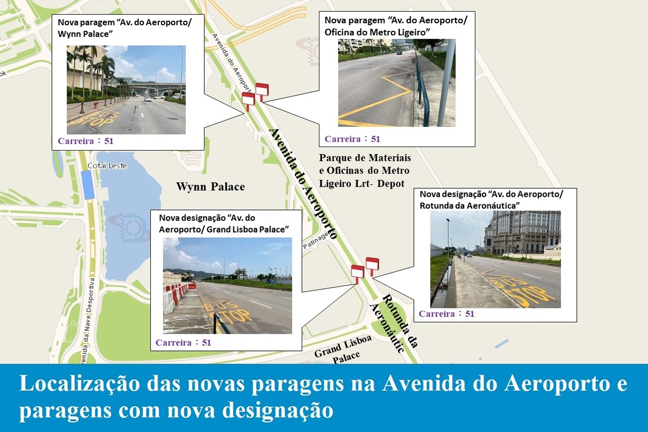 Localização das novas paragens na Avenida do Aeroporto e paragens com nova designação