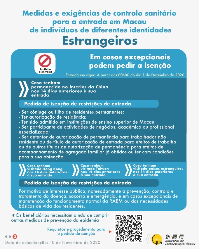 (Infografia) Medidas e exigências de controlo sanitário para a entrada em Macau de indivíduos de diferentes identidades