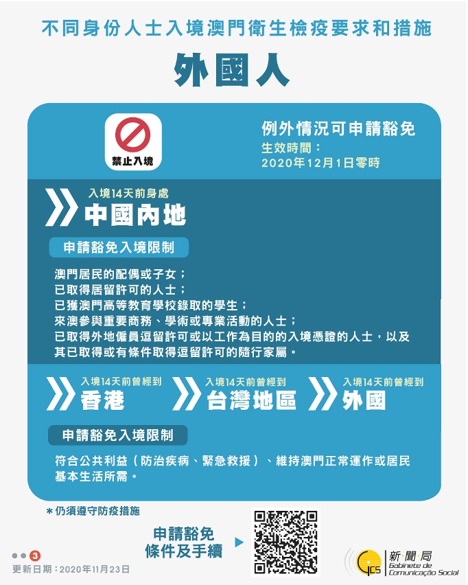 不同身份人士入境澳門衛生檢疫要求和措施