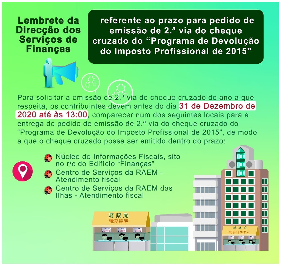 Lembrete da Direcção dos Serviços de Finanças referente ao prazo para pedido de emissão de 2.ª via do cheque cruzado do “Programa de Devolução do Imposto Profissional de 2015”1