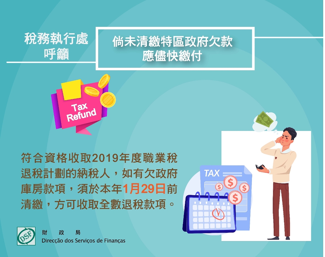 “2019年度職業稅退稅計劃”3月底起分批發放 稅務執行處籲市民先清繳欠款