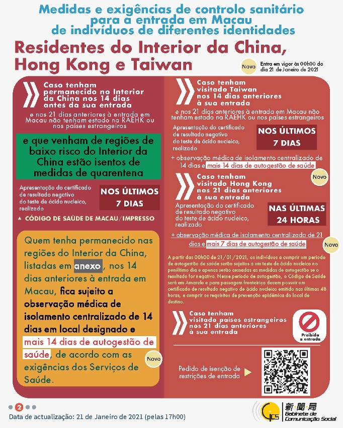 Medidas e exigências de controlo sanitário para a entrada em Macau de indivíduos de diferentes identidades.