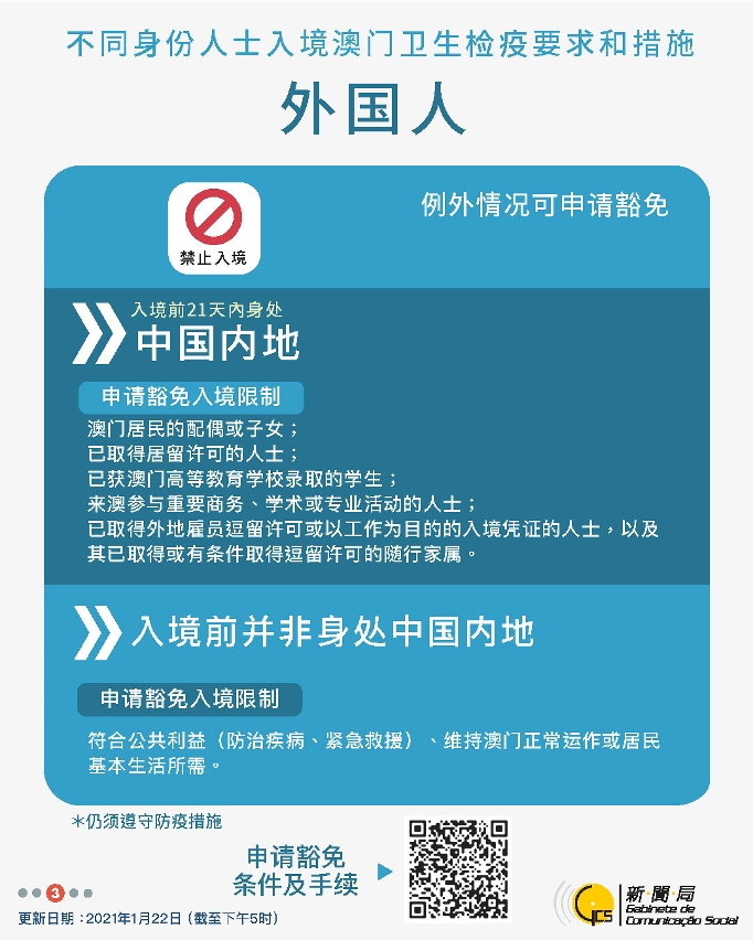 不同身份人士入境澳門衛生檢疫要求和措施
