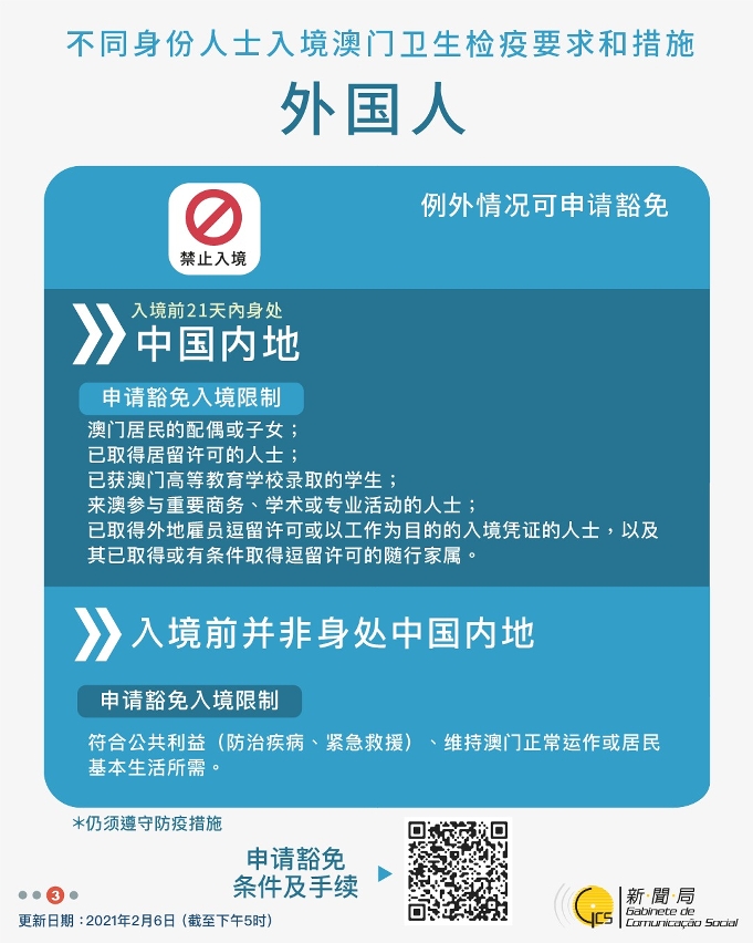 不同身份人士入境澳門衛生檢疫要求和措施