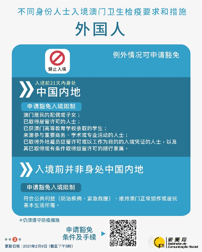 不同身份人士入境澳門衛生檢疫要求和措施