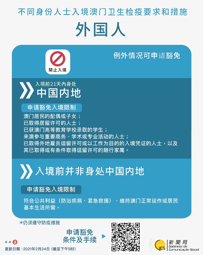 不同身份人士入境澳門衛生檢疫要求和措施
