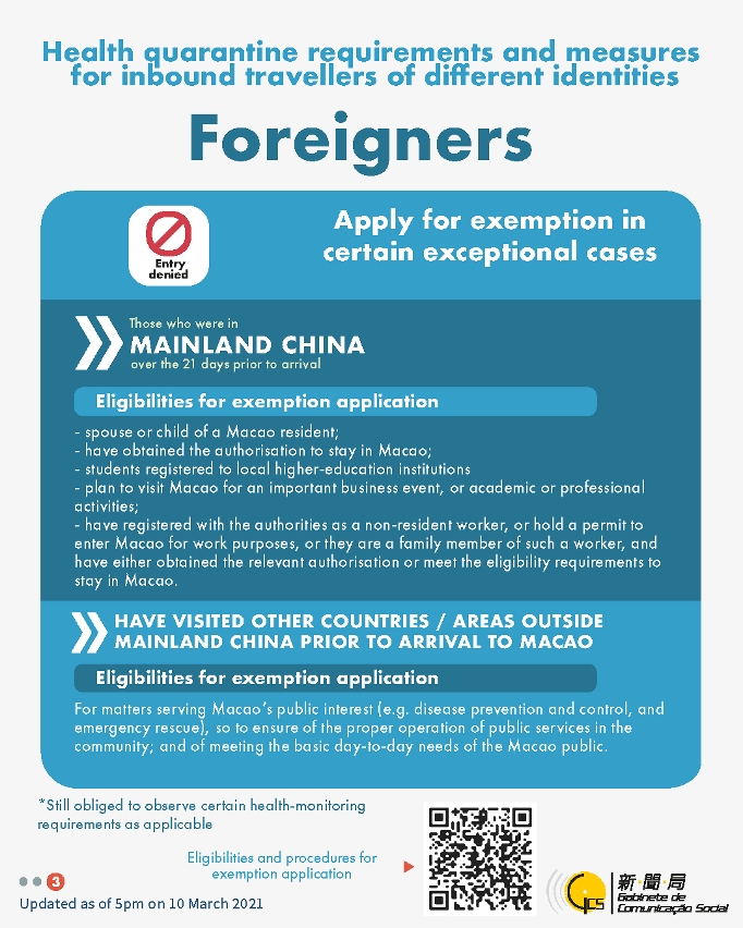 Health quarantine requirements and measures for inbound travellers of different identities.