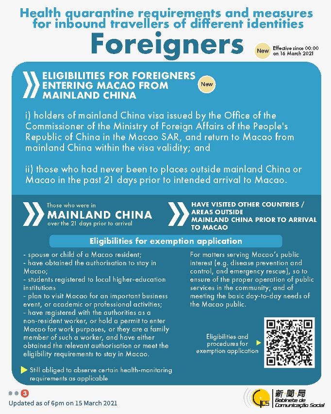 Health quarantine requirements and measures for inbound travellers of different identities.