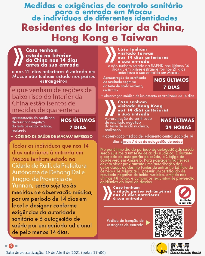 Medidas e exigências de controlo sanitário para a entrada em Macau de indivíduos de diferentes identidades.