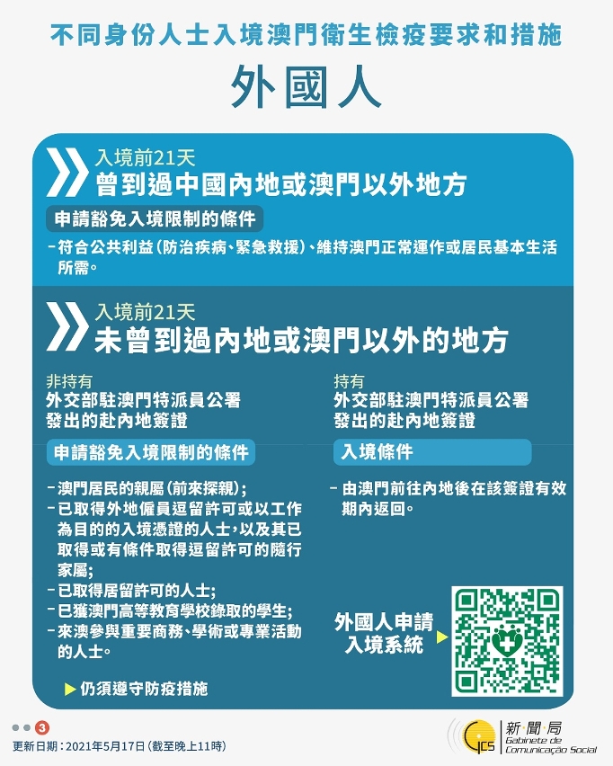 不同身份人士入境澳門衛生檢疫要求和措施