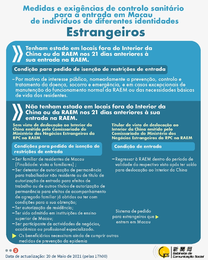 Medidas e exigências de controlo sanitário para a entrada em Macau de indivíduos de diferentes identidades.