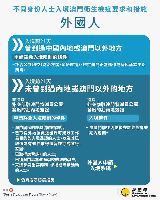 不同身份人士入境澳門衛生檢疫要求和措施