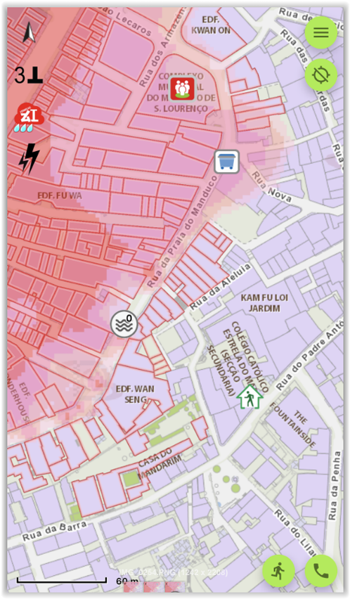 O “GeoGuide para emergências” fornece as informações sobre a previsão de inundação dos diferentes níveis de “Storm Surge” em diversas zonas de Macau, as zonas previstas que podem ser afectadas pela medida de interrupção de energia eléctrica e a localização dos Centros de Acolhimento de Emergência, entre outras informações geográficas de emergência.