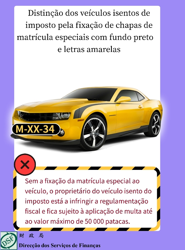 Os veículos isentos de impostos devem utilizar chapas de matrícula especiais, com fundo preto e letras amarelas