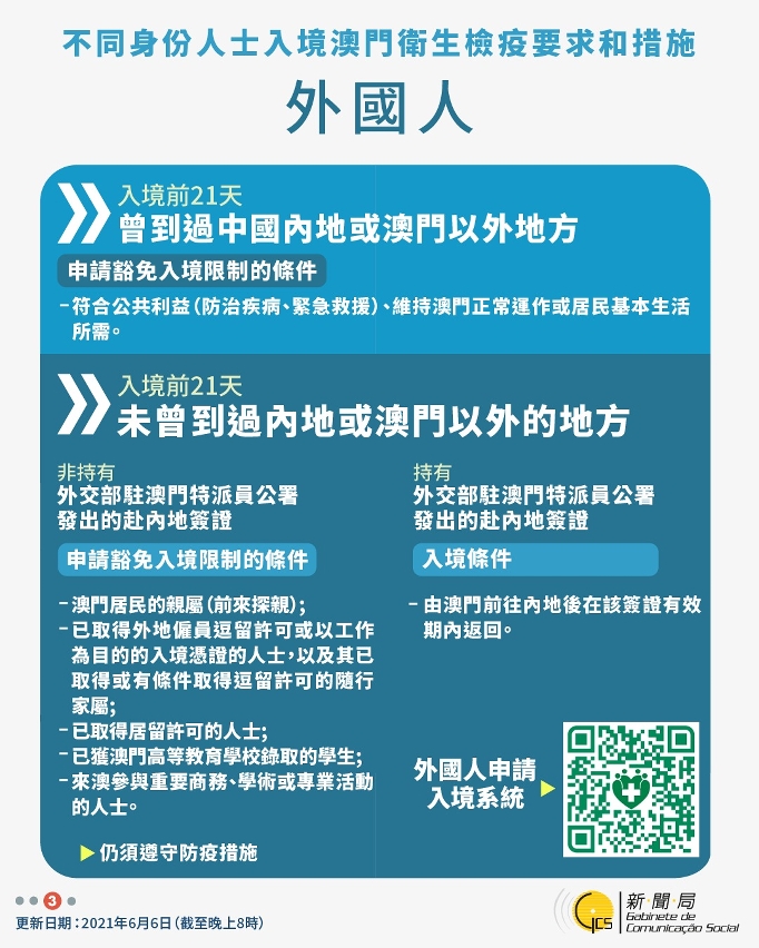 不同身份人士入境澳門衛生檢疫要求和措施