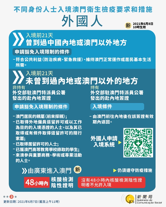 不同身份人士入境澳門衛生檢疫要求和措施