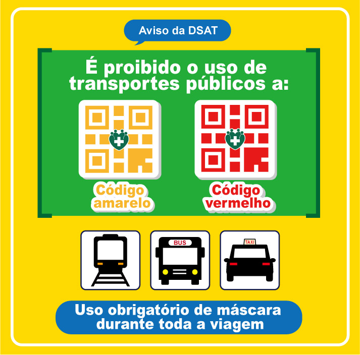 não é permitido o uso de transportes públicos aos indivíduos com o código de saúde de cor amarela ou vermelha