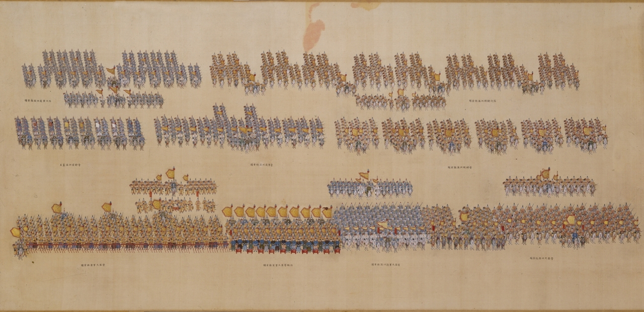 “Revista da Grande Parada das Tropas pelo Imperador Qianlong”  Rolo 2 : Tropas em formação  Anónimo Dinastia Qing Rolo horizontal, tinta sobre seda 68 x 1761 cm