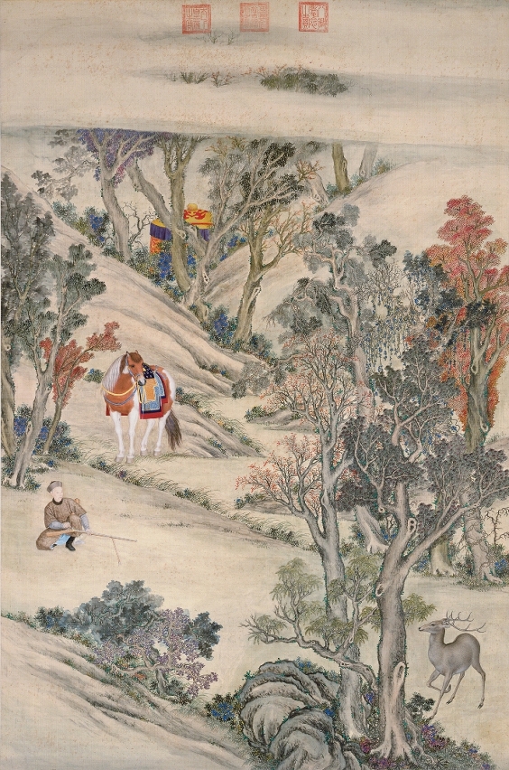 Ilustração do Imperador Qianlong caçando um veado Anónimo Rolo vertical, tinta sobre seda 259 x 172 cm