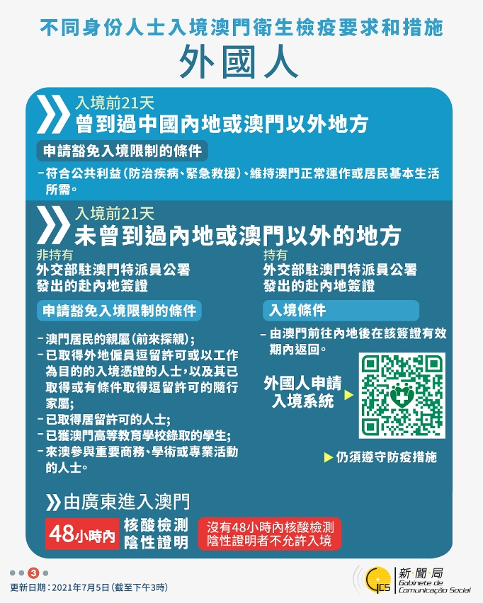 不同身份人士入境澳門衛生檢疫要求和措施