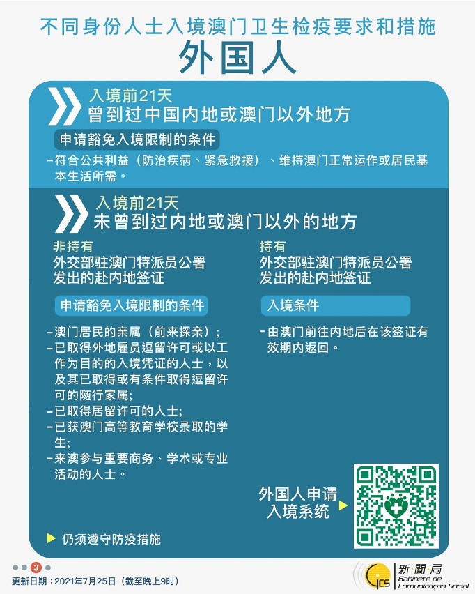 不同身份人士入境澳門衛生檢疫要求和措施