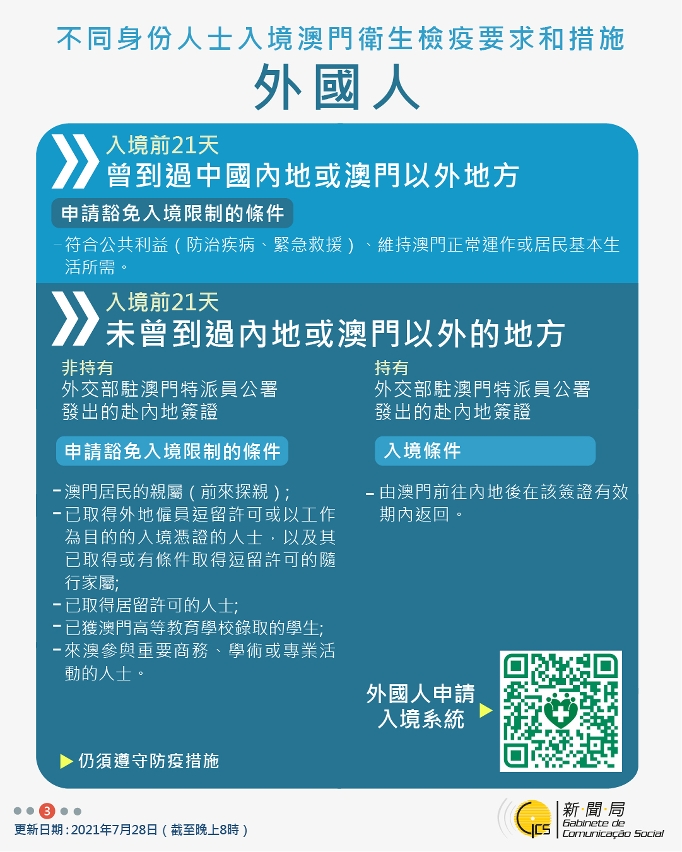 不同身份人士入境澳門衛生檢疫要求和措施