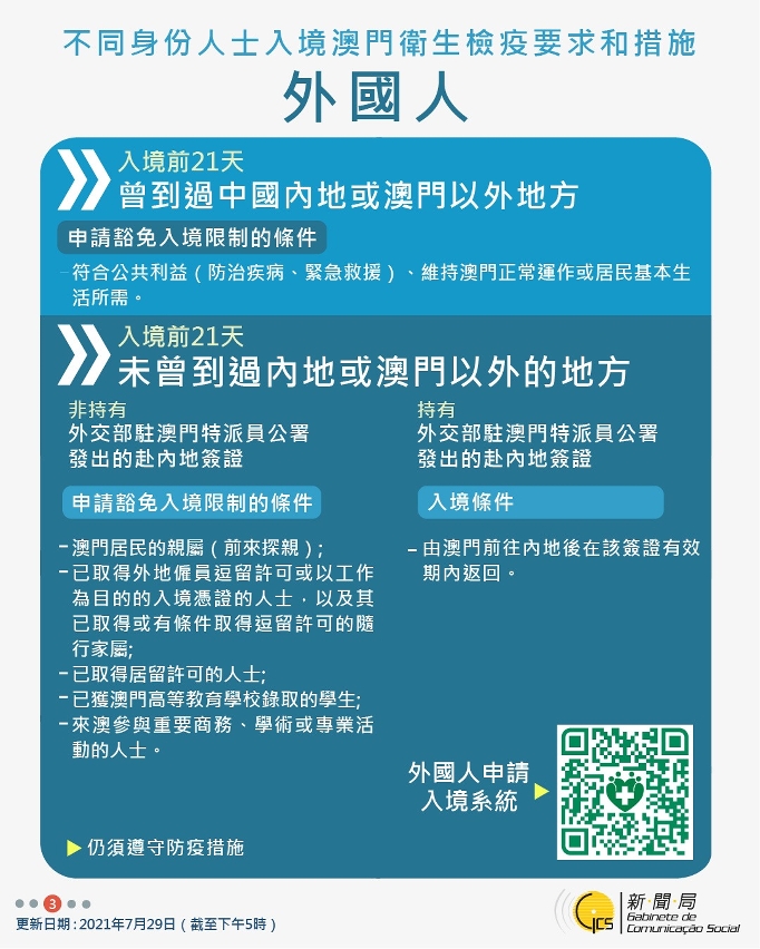 不同身份人士入境澳門衛生檢疫要求和措施