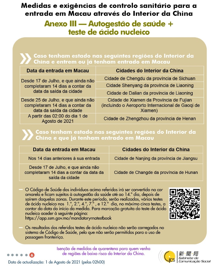 Medidas e exigências de controlo sanitário para a entrada em Macau de indivíduos de diferentes identidades.