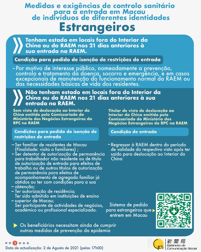 Medidas e exigências de controlo sanitário para a entrada em Macau de indivíduos de diferentes identidades.