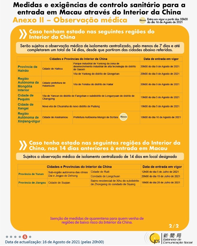 Medidas e exigências de controlo sanitário para a entrada em Macau de indivíduos de diferentes identidades.