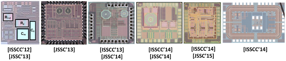 Photos of the experimental chips (from 0.35μm to 65nm CMOS) developed by the four PhD graduates.