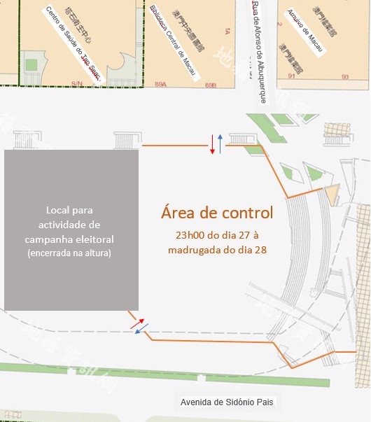 Mapa sobre a área, na Praça do Tap Seac, onde serão implementadas, temporariamente, medidas de controlo do fluxo de pessoas a partir das 23h00 do dia 27 de Agosto de 2021.