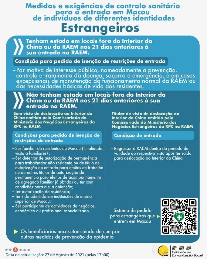 Medidas e exigências de controlo sanitário para a entrada em Macau de indivíduos de diferentes identidades.