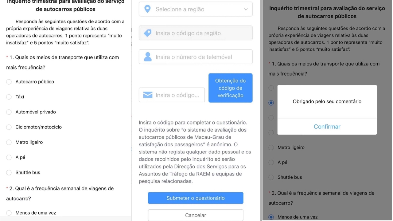 interface do inquérito trimestral de avaliação do serviço de autocarros públicos na aplicação móvel “localização dos autocarros”