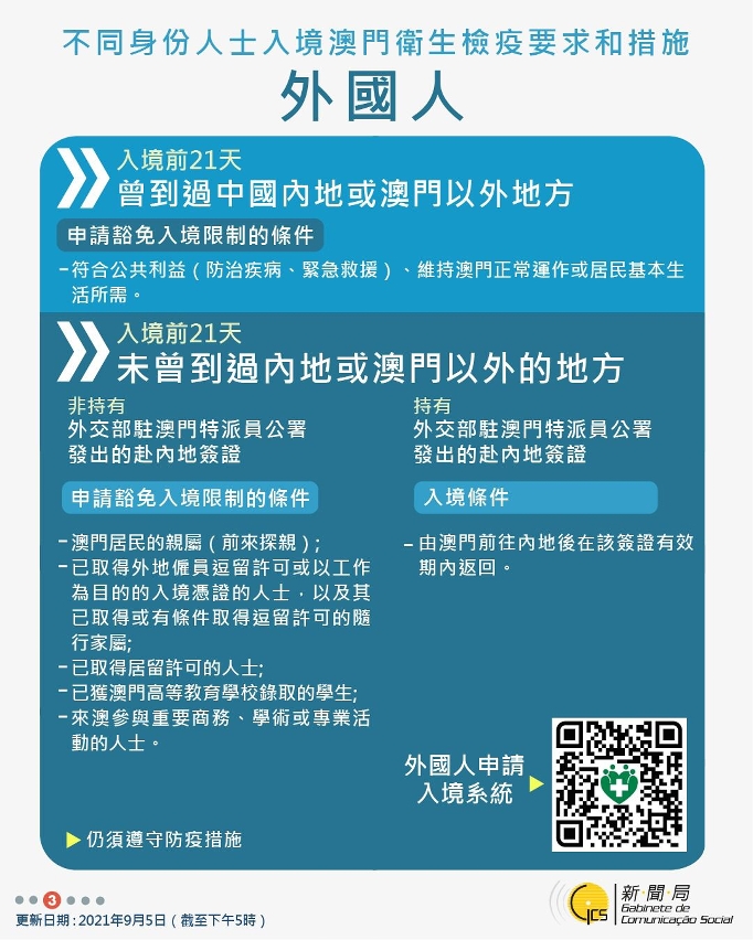 不同身份人士入境澳門衛生檢疫要求和措施