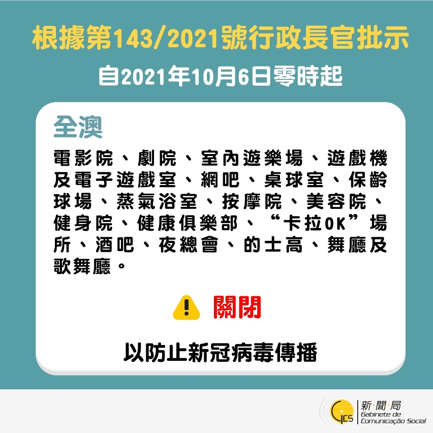 本澳部份娛樂場所將於10月6日凌晨起關閉