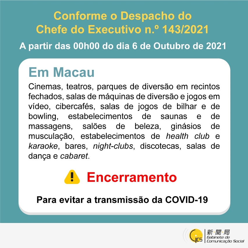 (Infografia) Encerramento temporário de alguns estabelecimentos de entretenimento em Macau a partir das 00h00 do dia 6 de Outubro