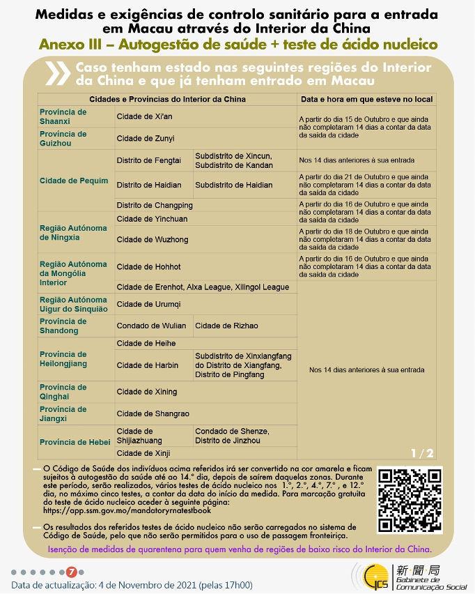 Medidas e exigências de controlo sanitário para a entrada em Macau de indivíduos de diferentes identidades.
