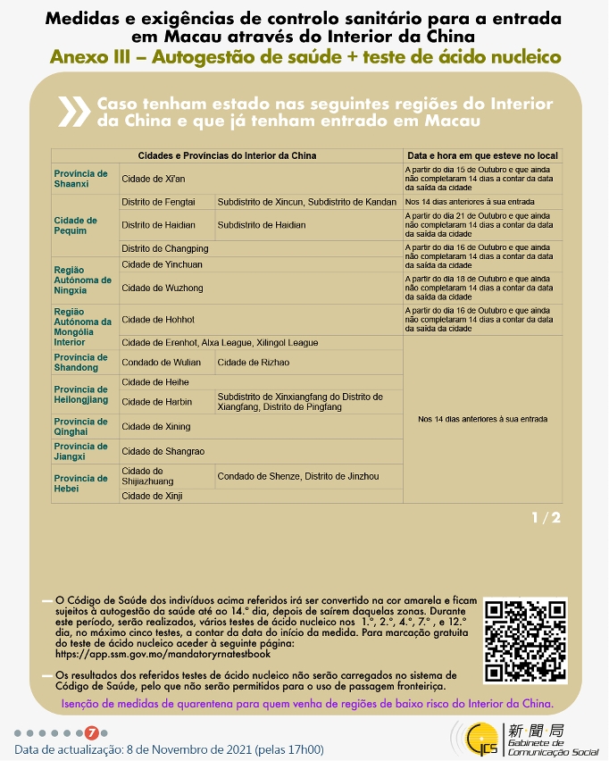 Medidas e exigências de controlo sanitário para a entrada em Macau de indivíduos de diferentes identidades.