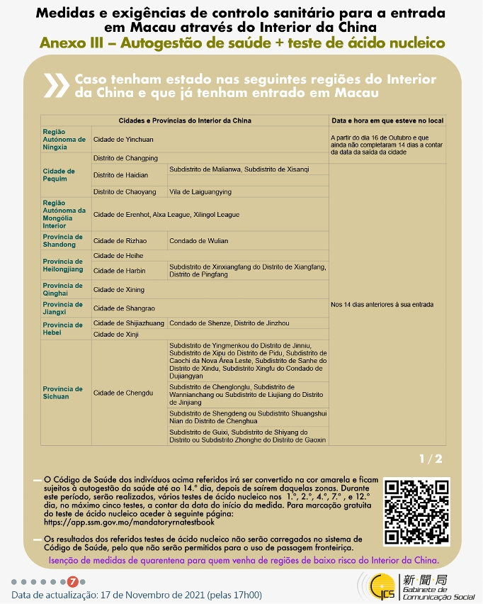 Medidas e exigências de controlo sanitário para a entrada em Macau de indivíduos de diferentes identidades.